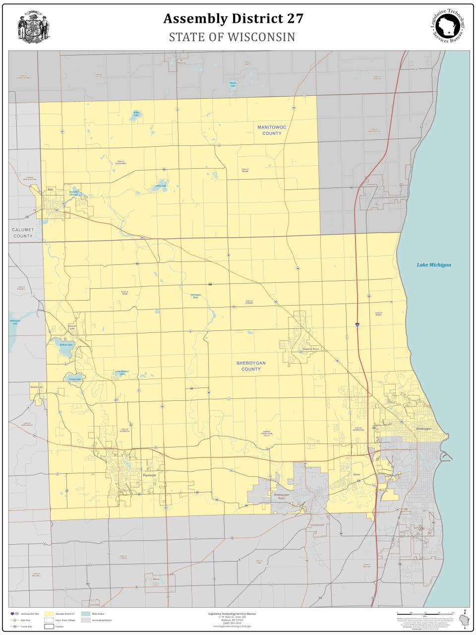 A map of Wisconsin Assembly District 27 (shaded in yellow). The District includes part of the City of Sheboygan, the Town of Sheboygan, Plymouth, the Town of Sheboygan Falls, Kohler, Howards Grove, Elkhart Lake, Mosel, Herman, Glenbeulah, Rhine and southern Manitowoc County including Kiel.
