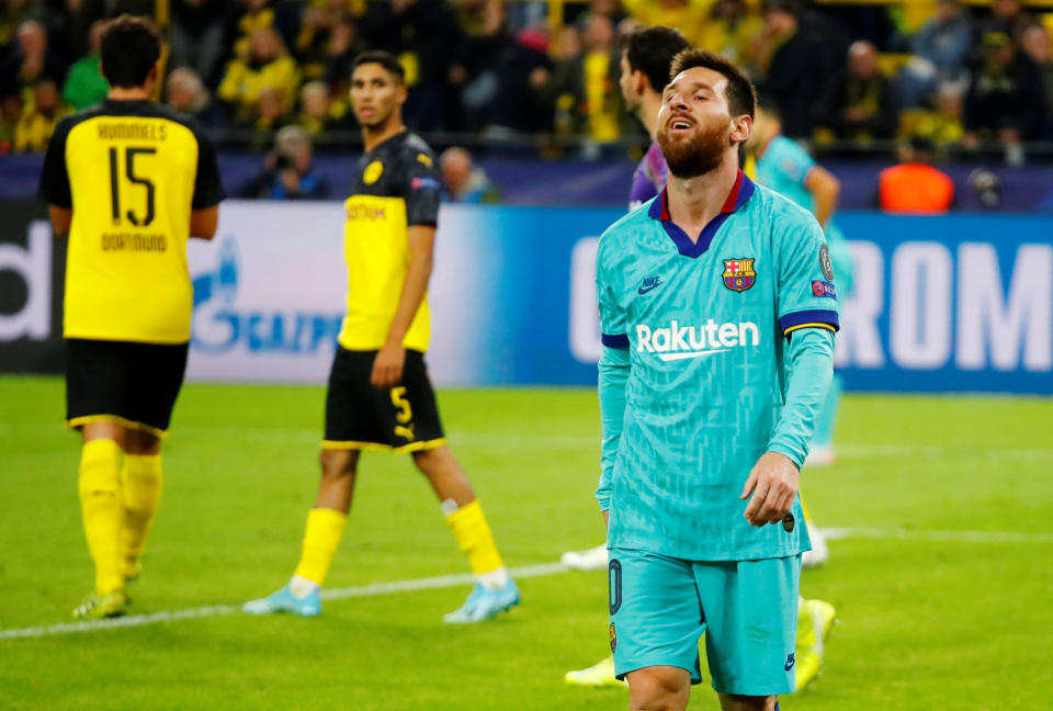 Soccer Football - Champions League - Group F - Borussia Dortmund v FC Barcelona - Signal Iduna Park, Dortmund, Germany - September 17, 2019 Barcelona's Lionel Messi reacts after a missed chance REUTERS/Wolfgang Rattay