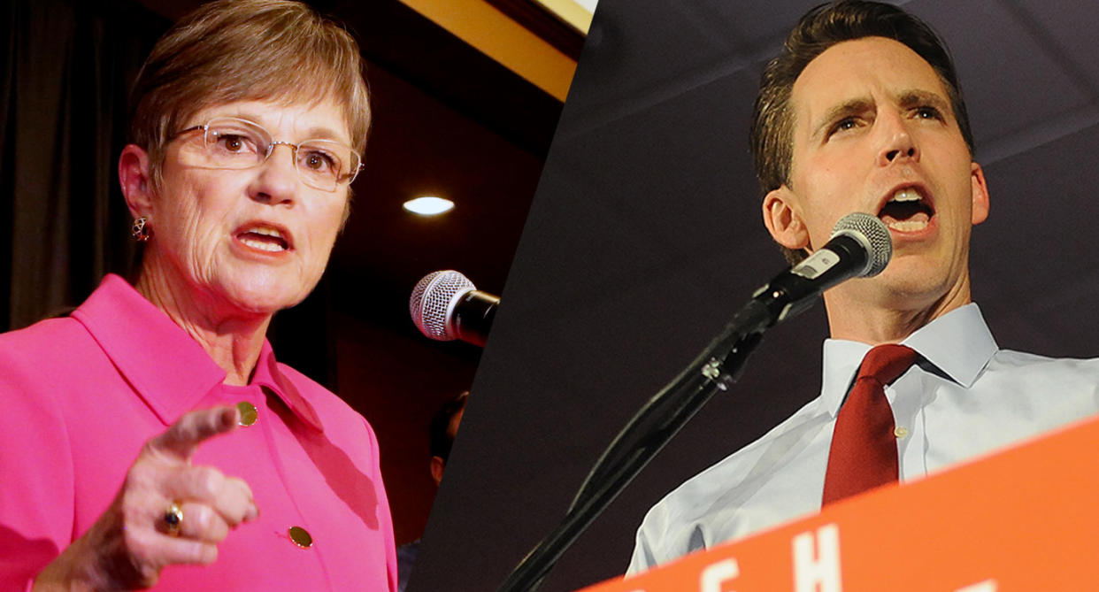 Pro-choice Democrat Governor-elect of Kansas Laura Kelly, and anti-abortion Missouri Republican Senator-elect Josh Hawley. (Photos: Thad Allton/The Topeka Capital-Journal via AP, Michael B. Thomas/Getty Images)