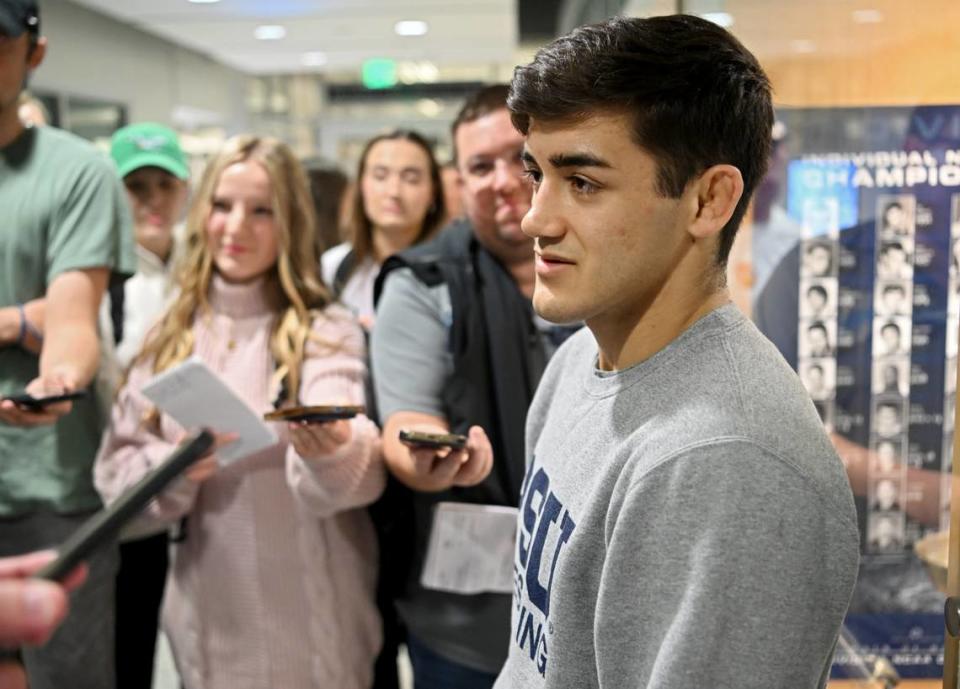 Penn State wrestler Aaron Nagao answers questions during the first availability of the season on Wednesday, Nov. 8, 2023.