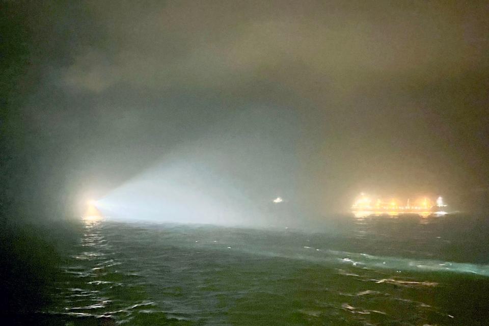 Handout photo showing search lights scanning the water near to where the British cargo ship Verity sank following a collision with the Bahamas-flagged vessel Polesie in the North Sea (PA)