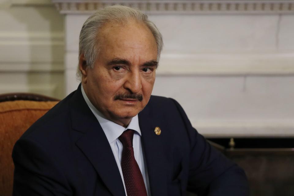 Libyan Gen. Khalifa Hifter joins a meeting with the Greek Foreign Minister Nikos Dendias in Athens, Friday, Jan. 17, 2020. The commander of anti-government forces in war-torn Libya has begun meetings in Athens in a bid to counter Turkey's support for his opponents. (AP Photo/Thanassis Stavrakis)
