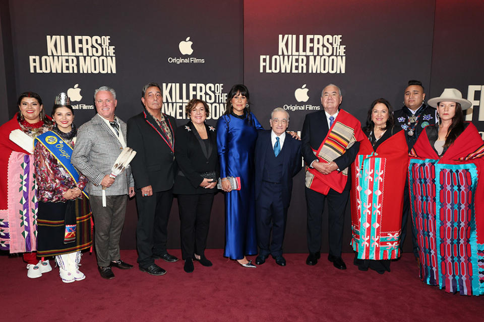 (L-R) Osage Nation Princess Gianna "Gigi" Sieke, Osage Nation Princess Lawren "Lulu" Goodfox, Chad Renfro, Scott George, Julie O'Keefe, Brandy Lemon, Martin Scorsese, Osage Nation Principal Chief Geoffrey Standing Bear, Julie Standing Bear, Christopher Cote, and Addie Roanhorse attend Apple's "Killers of the Flower Moon" New York premiere at Alice Tully Hall, Lincoln Center on September 27, 2023 in New York City.