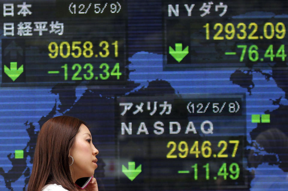 A woman talking on a mobile phone walks by the electronic stock board of a securities firm showing Japan's Nikkei 225 index, top left, dropped 123.34 points to 9,058.31 in Tokyo Wednesday, May 9, 2012. Asian stock markets fell Wednesday, spooked by disappointing U.S. corporate earnings and fears that political turmoil in debt-crippled Greece is pushing it closer to financial disaster. (AP Photo/Itsuo Inouye)