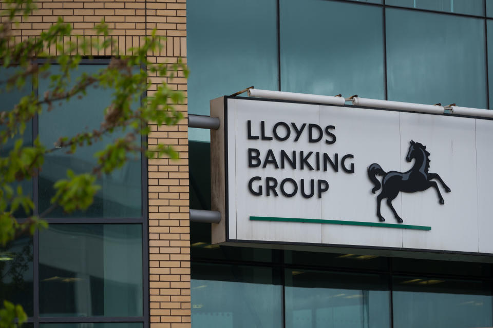 CARDIFF, UNITED KINGDOM - MAY 02: A Lloyds banking group sign at a call Lloyds call centre in Cardiff on May 2, 2019 in Cardiff, United Kingdom. (Photo by Matthew Horwood/Getty Images)