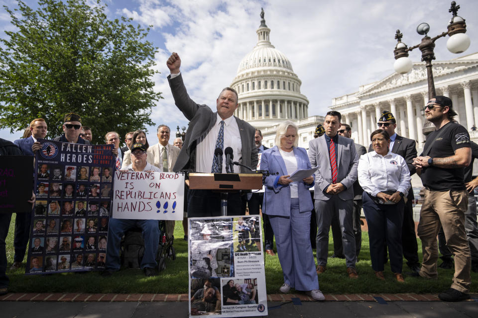  Sen. Jon Tester (D-MT) speaks during a news conference about the Honoring Our Promise to Address Comprehensive Toxics (PACT) Act on Capitol Hill July 28, 2022 in Washington, DC.  / Credit: Drew Angerer / Getty Images