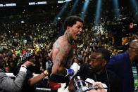 Gervonta Davis reacts after defeating Rolando Romero during the sixth round of a WBA lightweight championship boxing bout early Sunday, May 29, 2022, in New York. (AP Photo/Frank Franklin II)