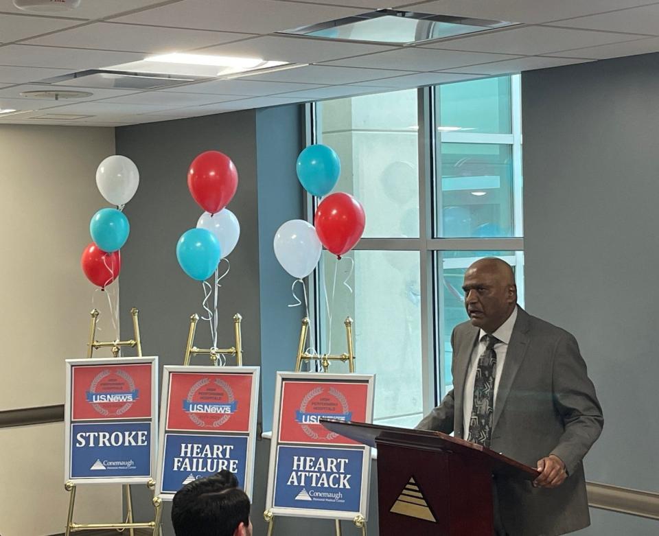 Dr. Cyril Nathaniel, an interventional cardiologist at Conemaugh Memorial Medical Center, spoke on how the new building will streamline care and treatment for the hospital's cardiovascular patients and staff.