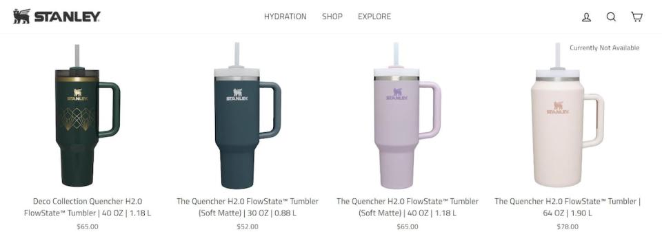 The Stanley Quencher, pictured for sale on Stanley's website, is an insulated steel travel mug that's become extremely popular on social media due to a shift in marketing and the scarcity model, according to one marketing expert.  (Stanley - image credit)