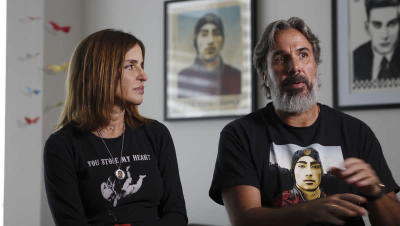 Manuel and Patricia Oliver, the parents of Joaquin Oliver, one of the victims of the 2018 mass shooting at Marjory Stoneman Douglas High School in Parkland, Florida, sit for an interview in Coral Springs, Florida, on Friday Feb. 9, 2024. A new campaign is using the AI-generated voice of their son to make change in regards to gun laws. 