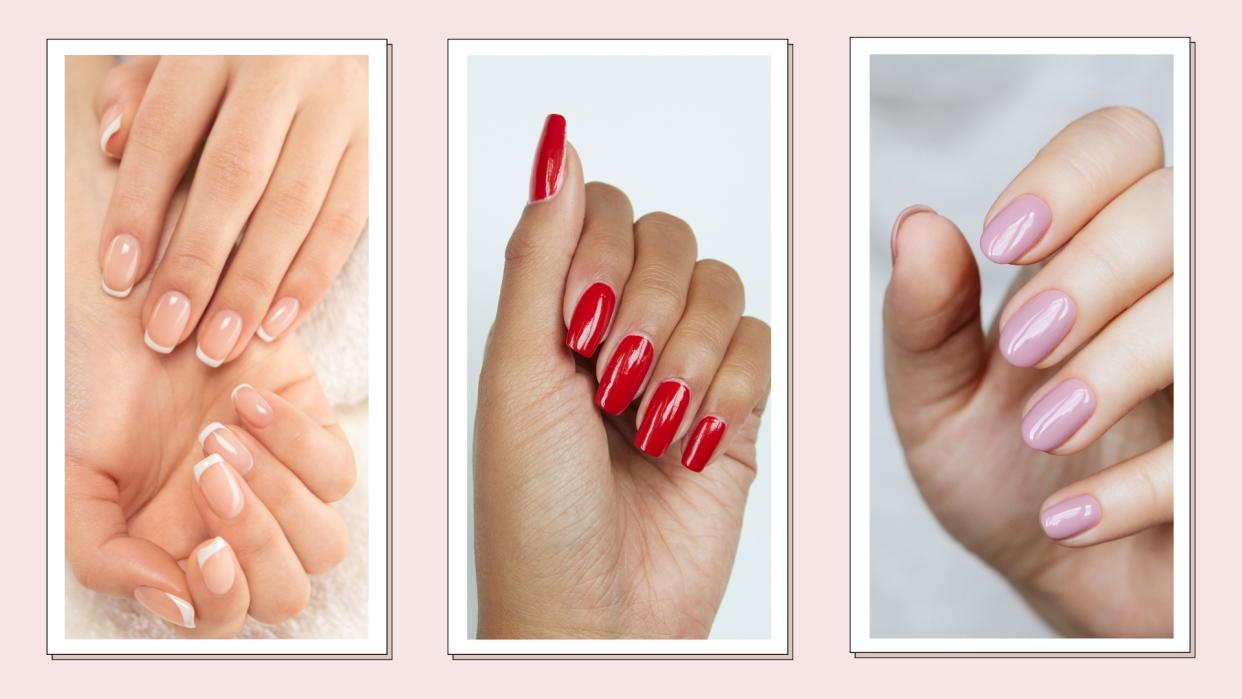  Three hands with timeless nail trends, including a French manicure, a red manicure and a pale pink manicure/ in a cream template. 