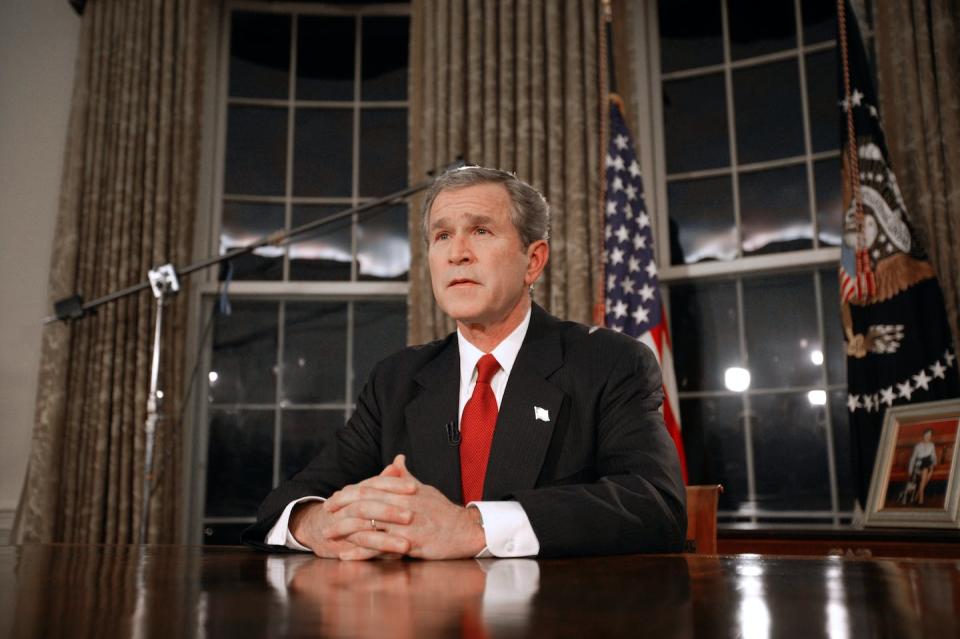 Former President George W. Bush formally declared war on Iraq in a televised address on March 19, 2003. <a href="https://media.gettyimages.com/id/525614082/photo/president-bush-declares-war-against-iraq.jpg?s=1024x1024&w=gi&k=20&c=7IC2cGP1lURtxrGIQsBhUqG3muJ2o4B3a1ct39FjF-g=" rel="nofollow noopener" target="_blank" data-ylk="slk:Brooks Kraft LLC/Corbis via Getty Images;elm:context_link;itc:0;sec:content-canvas" class="link ">Brooks Kraft LLC/Corbis via Getty Images</a>