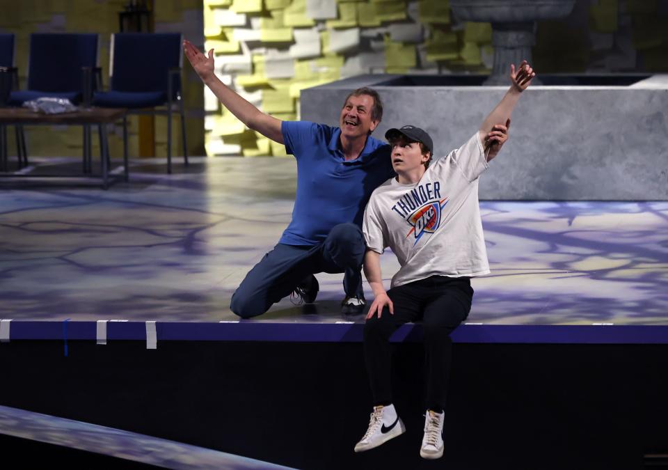 Logan Corley, right, and Dirk Lumbard run through a scene during rehearsals for "King of Pangaea" at Lyric Theatre in Oklahoma City, Thursday, March 7, 2024.