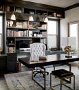 <p> If you’re looking to create a luxurious and sophisticated home office for him, consider decorating with black and white and combining furniture with strong angles and streamlined shapes. </p> <p> ‘We wanted this office to have a stately, masculine feel and the dark built-in office storage gave that sense of confidence and strength while also being very sophisticated,’ says interior designer Corine Maggio of CM Natural Designs. </p> <p> ‘The client needed a large surface area but, with the heavy built-in, we wanted the desk to have a lightness to it. We also wanted something modern and fresh since the owner is on the young side. This desk checked all those boxes which still allowing for some storage and the gorgeous, sculptural brass leg details are proportional to the desk but light enough to elegantly help tie in the other brass elements and help give this relatively small space some breathing room. </p>