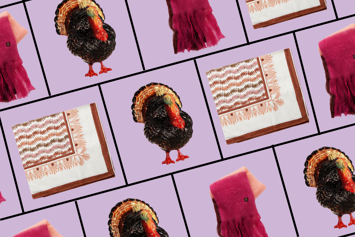 a turkey ornament, table linen, and scarf on a light purple background with a grid like pattern overlaid on top