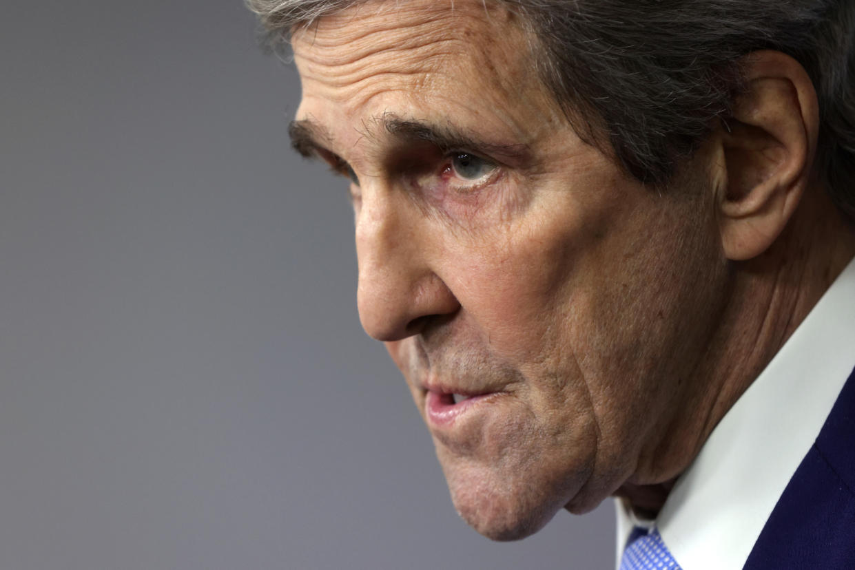 WASHINGTON, DC - APRIL 22:  Special Presidential Envoy for Climate and former Secretary of State John Kerry speaks during a daily press briefing at the James Brady Press Briefing Room of the White House on April 22, 2021 in Washington, DC. White House Press Secretary Jen Psaki held the daily press briefing to discuss various topics including the virtual Leaders Summit on Climate with 40 world leaders that was held by the White House today.  (Photo by Alex Wong/Getty Images)