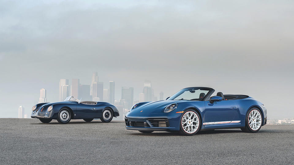 1953 Porsche 356 America Roadster and the 2023 911 GT3 Cabriolet America from the front