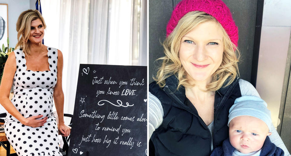 Sarah Mill pictured while pregnant, left, and with baby son Oliver. [Photo: Caters]