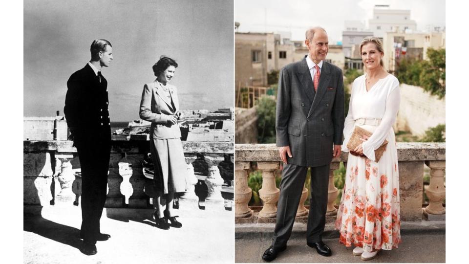 Queen and Philip in Malta in 1949 and Edward and Sophie in 2024