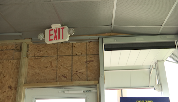 Board up after woman crashed into Waffle House in Wytheville on March 27. (Emaryi Williams/ WFXR News)