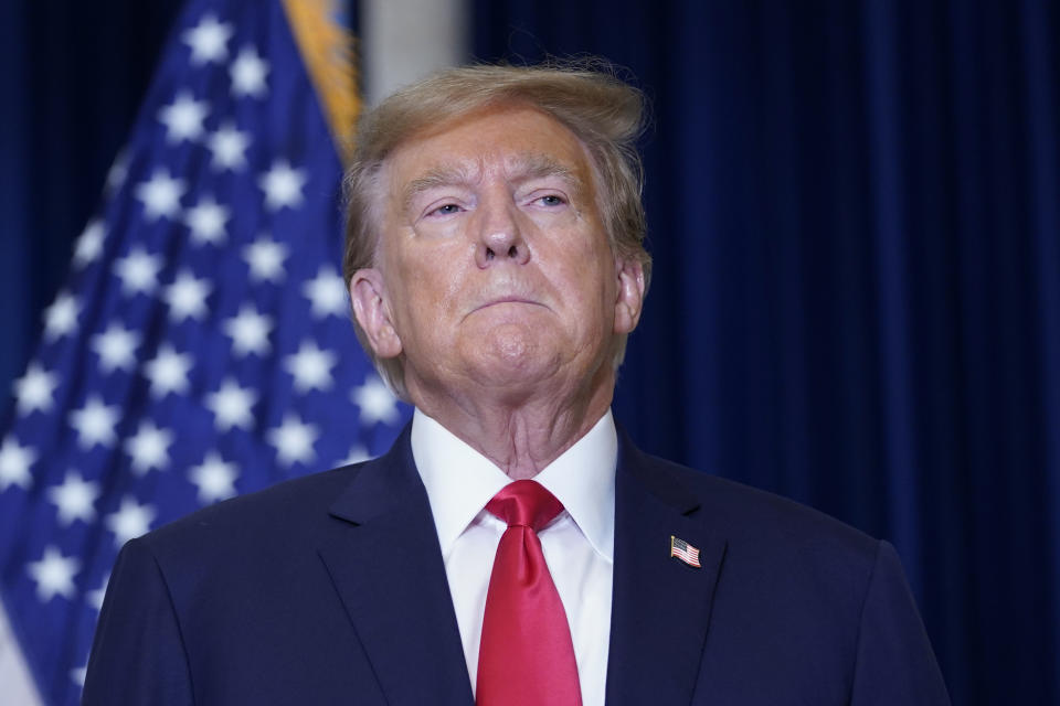 Former President Donald Trump speaks to the media at a Washington hotel, Tuesday, Jan. 9, 2024, after attending a hearing before the D.C. Circuit Court of Appeals at the federal courthouse in Washington. (AP Photo/Susan Walsh)