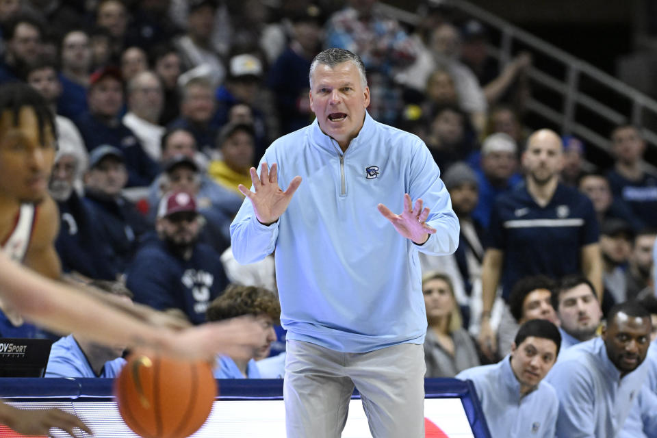 Creighton head coach Greg McDermott calls out to his team in the second half of an NCAA college basketball game against UConn, Wednesday, Jan. 17, 2024, in Stores, Conn. (AP Photo/Jessica Hill)