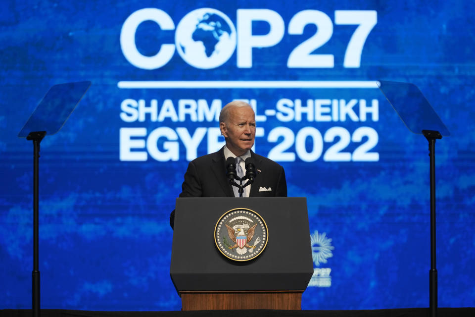 President Joe Biden speaks at the COP27 U.N. Climate Summit, Friday, Nov. 11, 2022, in Sharm el-Sheikh, Egypt. (AP Photo/Peter Dejong)