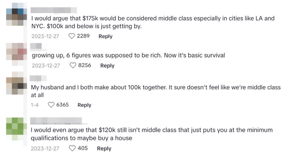 Summarized comments discussing the cost of living, with some arguing that a $100k-$175k income is now middle class
