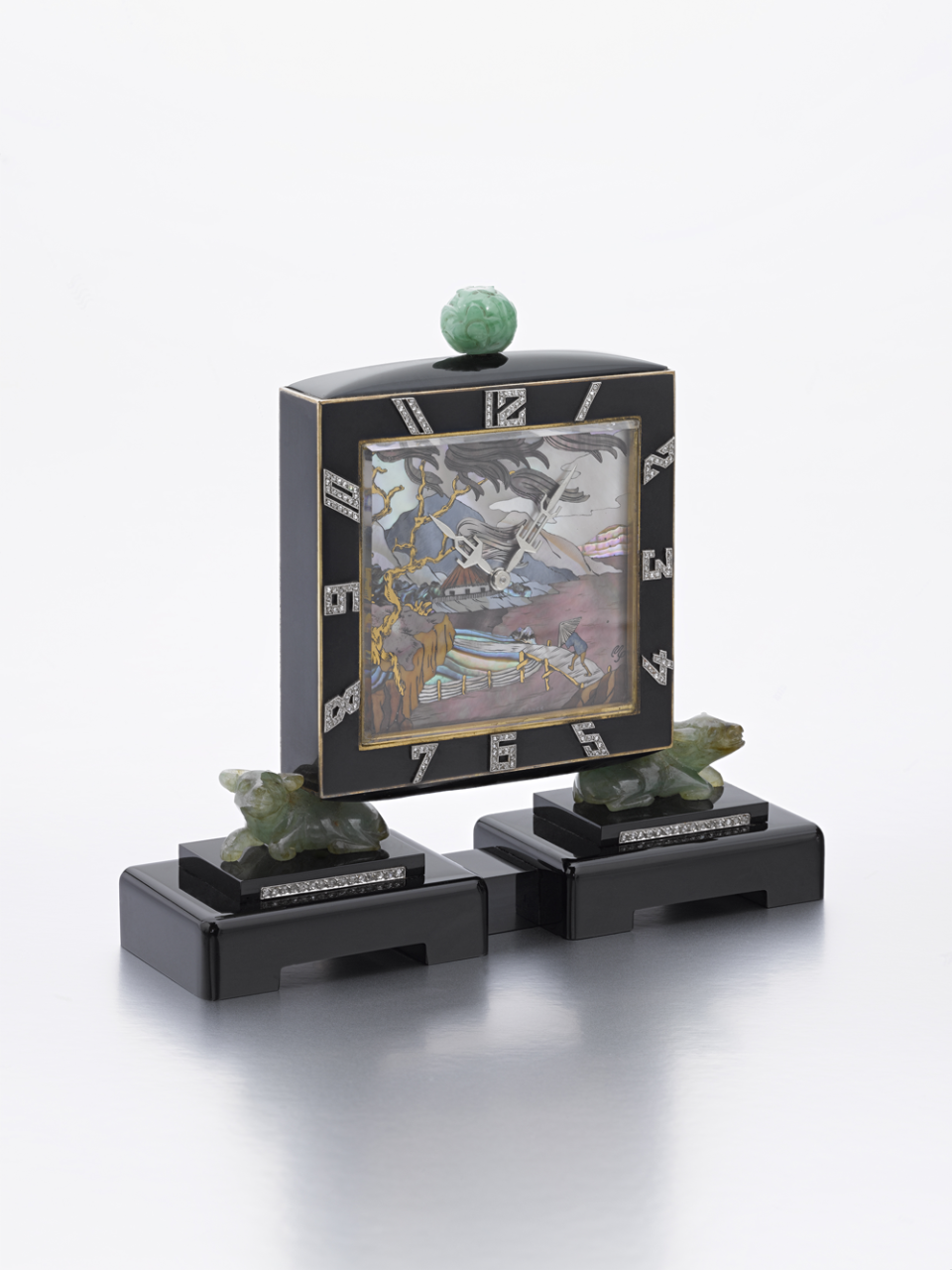 Grogan, Nephrite, Mother-of-Pearl, Jade, Pearl, Onyx and Diamond Clock Circa 1925
