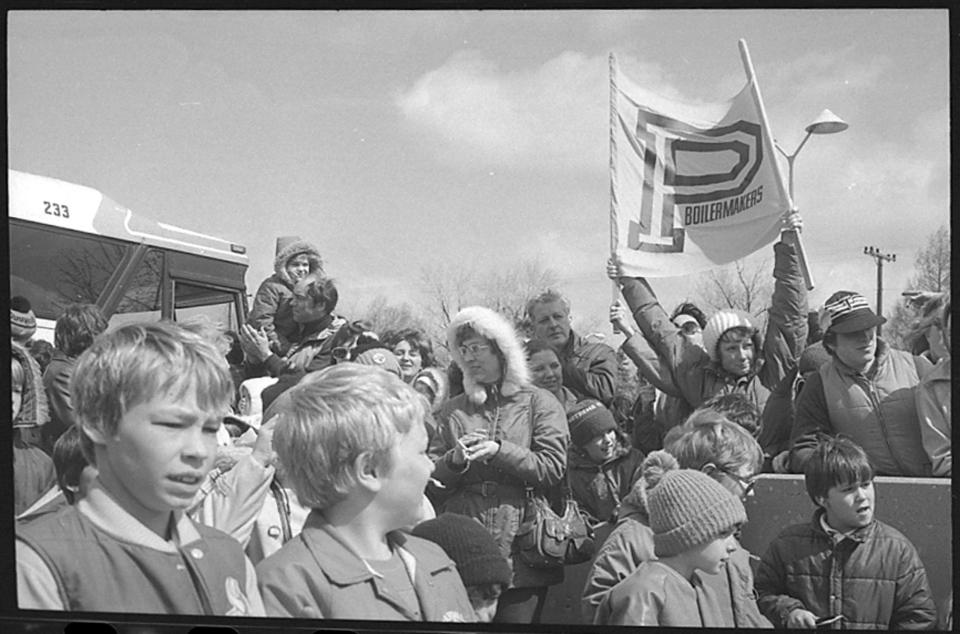 In this March 21, 1980 file photo, Purdue men's basketball players are given a send off before their NCAA Tournament Final Four game against UCLA in Indianapolis.