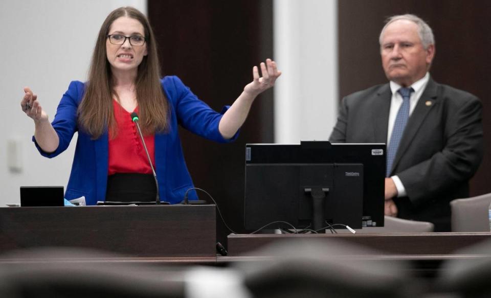 Beth Stelzer with ‘Save Women’s Sports’ speaks in favor of HB 358 during a hearing before the Judiciary 1 House Standing Committee on Wednesday, April 14, 2021 at the Legislative Office Building on Raleigh, N.C.