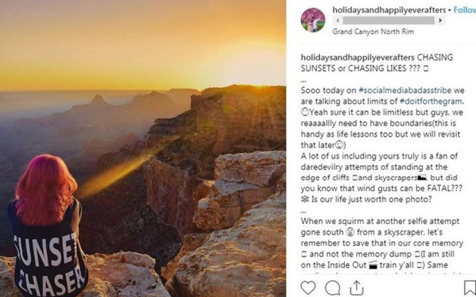 Ms Moorthy uploaded this photo in March, warning travellers not to risk their lives for photos. Image: Instagram/Holidays and HappilyEverAfters