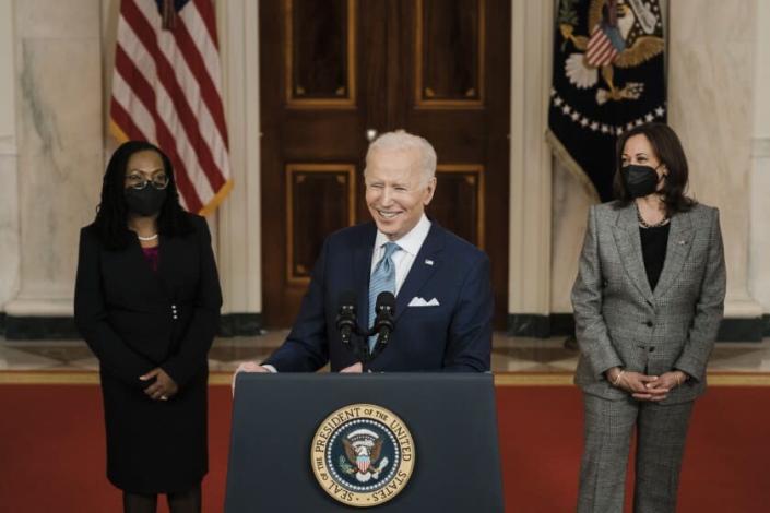 WASHINGTON, DC - FEBRUARY 25: President Joe Biden delivers remarks on his nomination of Judge Ketanji Brown Jackson to serve as Associate Justice of the United States Supreme Court from the Cross Hall of the White House on Friday, Feb. 25, 2022 in Washington, DC. Judge Jackson was picked by President Biden to be the first Black woman in United States history to serve on the nation&#39;s highest court to succeed Supreme Court Associate Justice Stephen Breyer who is retiring. (Kent Nishimura / Los Angeles Times)