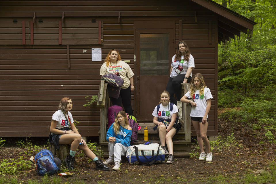 Clockwise from top left: “Big buddies” Liv Burnett and Ceara Olsen, and campers Fiona Karlson, Morgan Chiantella, Marlee Schindler, and Avalon Chassé on the last day of Comfort Zone Camp.<span class="copyright">Ilona Szwarc for TIME</span>