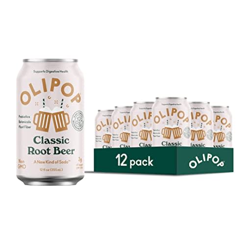 OLIPOP - Classic Root Beer Sparkling Tonic, Healthy Soda, Prebiotic Soft Drink, Aids Digestive Health, Contains Prebiotics & 9g of Plant Fiber, Caffeine Free, Low Calorie, Low Sugar (12 oz, 12-Pack)