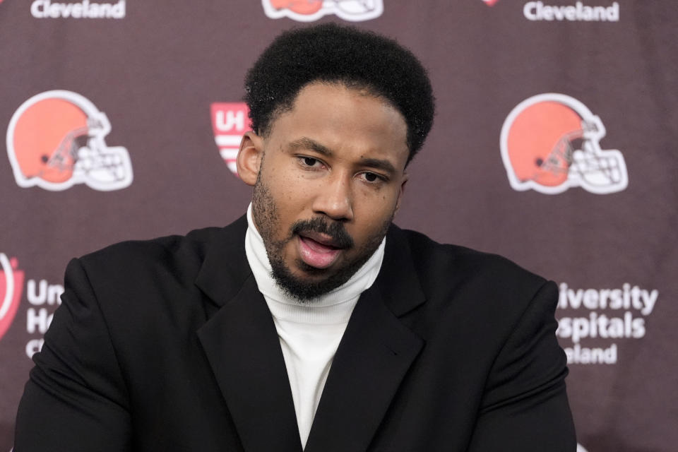 Cleveland Browns defensive end Myles Garrett speaks during a news conference after their loss against the Houston Texans in an NFL wild-card playoff football game Saturday, Jan. 13, 2024, in Houston. (AP Photo/David J. Phillip)