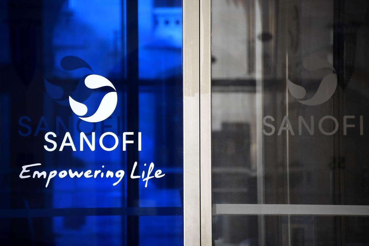 Sanofi's logo at the headquarters in Paris.