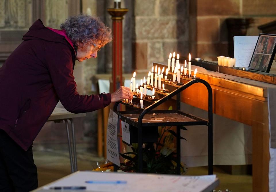 Tributes were made at Shrewsbury Abbey for Jevon Hirst, Harvey Owen, Wilf Fitchett and Hugo Morris (PA)