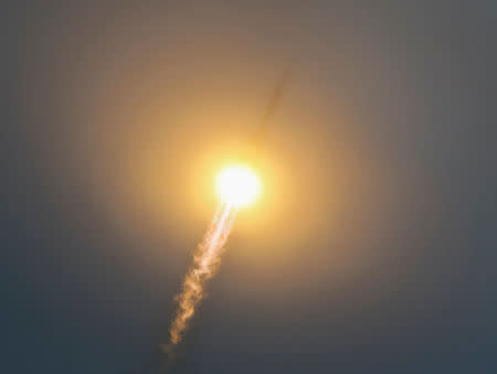 The Soyuz MS-02 spacecraft carrying the crew of Shane Kimbrough of the U.S., Sergey Ryzhikov and Andrey Borisenko of Russia blasts off to the International Space Station (ISS) from the launchpad at the Baikonur cosmodrome, Kazakhstan, October 19, 2016. REUTERS/Shamil Zhumatov