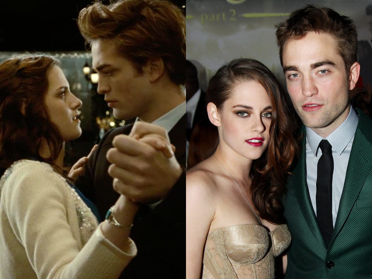 On the left: Kristen Stewart and Robert Pattinson in "Twilight." On the right: Stewart and Pattinson at the world premiere of "The Twilight Saga: Breaking Dawn Part 2" in November 2012.