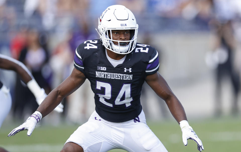 FILE - Northwestern defensive back Rod Heard II watches a Duke play develop during an NCAA football game Sept. 10, 2022, in Evanston, Ill. Northwestern will not have any players at the Big Ten’s annual media days this week after the three who were scheduled to attend opted Tuesday, July 25, to back out because of hazing scandals that have engulfed the school. Linebacker Bryce Gallagher, defensive back Heard and receiver Bryce Kirtz said in a statement they made the “very difficult” decision after consulting with interim coach David Braun, their parents and teammates. (AP Photo/Kamil Krzaczynski, File)