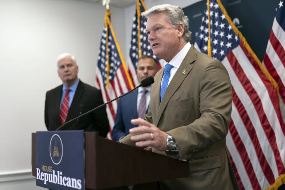 FILE - Rep. Mike Collins, R-Ga., a member of the House Committee on Transportation and Infrastructure, speaks to reporters following a closed-door meeting of the House Republican Conference, at the Capitol in Washington, July 18, 2023. Republicans who believe former President Donald Trump’s felony conviction was politically motivated have been increasingly echoing his calls for retribution against political enemies should he win again. Candidates, officeholders and even members of the president’s family are calling for criminal prosecutions of those on the left.. (AP Photo/J. Scott Applewhite, File)