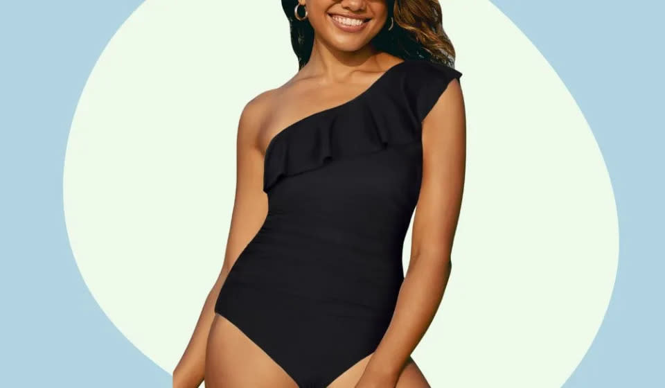 woman wearing one-piece off-the-shoulder black swimsuit