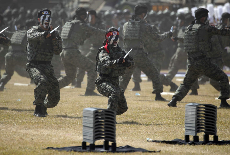 South Korean army soldiers participate in the media day for the 74th anniversary of Armed Forces Day at the military base in Gyeryong-City, South Korea, Thursday, Sept. 29, 2022. Armed Forces Day is observed on Saturday, Oct. 1. (Jeon Heon-Kyun/Pool Photo via AP)