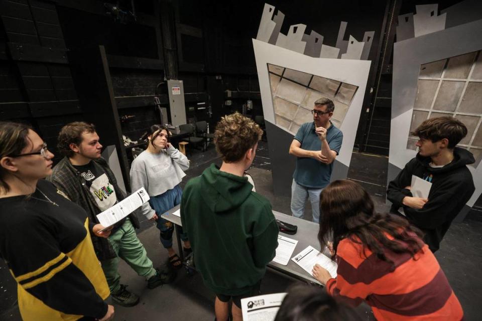 Students of the UNC Charlotte Department of Theatre run through a rehearsal of a puppetry production based on the famous silent German Expressionist film “The Cabinet of Dr. Caligari” on Friday, October 20, 2023 in Charlotte, NC. The production will premiere on Thursday, November 2nd and run through November 5th, 2023 at the Black Box Theater.