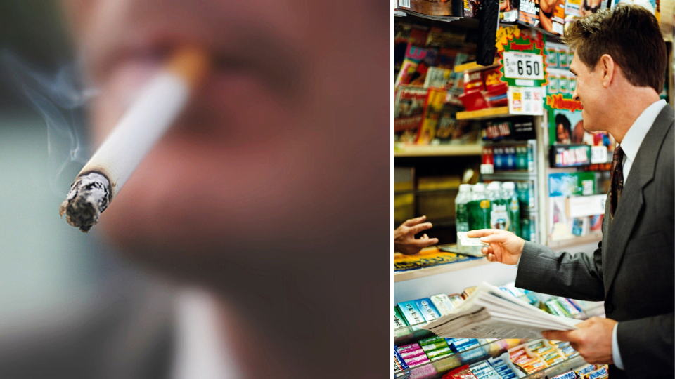 Pictured: Smoker with cigarette and convenience store. Images: Getty