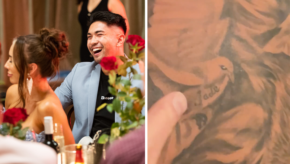  MAFS' Jayden showing off his Jade tattoo at Nova's dinner party.