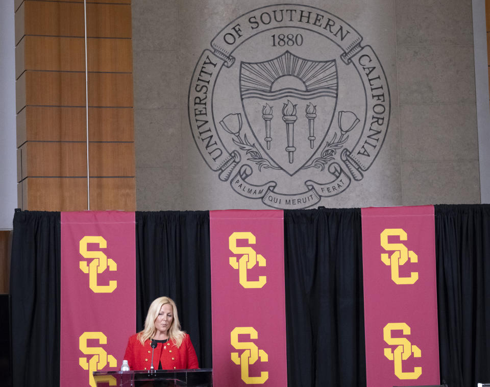 Jennifer Cohen talks during a news conference after her introduction as athletic director at the University of Southern California in Los Angeles, Monday, Aug. 21, 2023. (AP Photo/Richard Vogel)