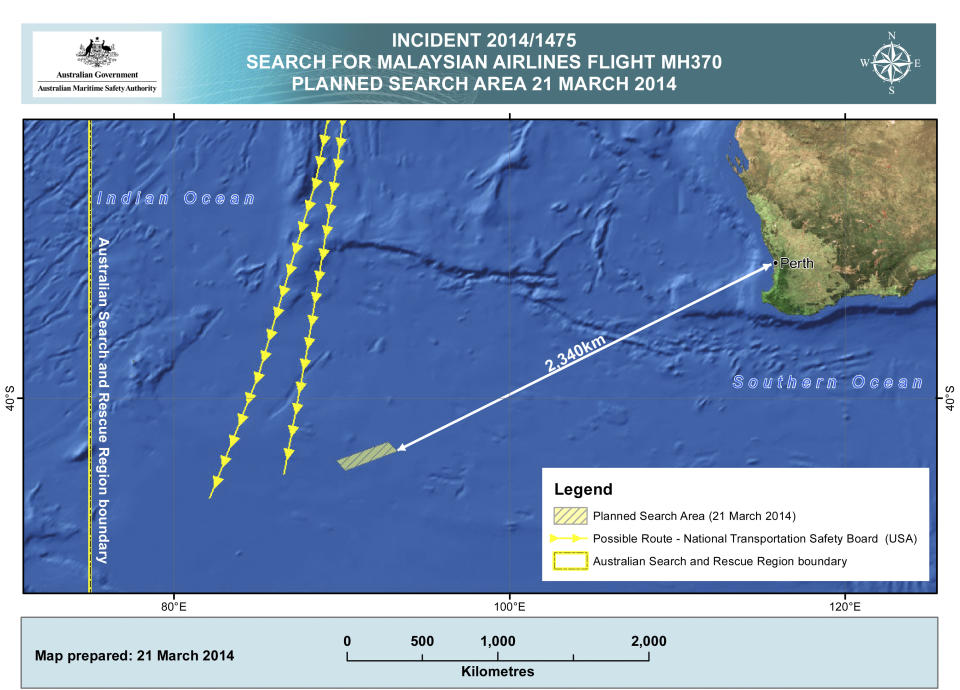 This Friday, March 21, 2014 graphic provided by Australian Maritime Safety Authority (AMSA), shows an area in the southern Indian Ocean that the AMSA is concentrating its search for the missing Malaysia Airlines Flight MH370 on. Planes are flying out of Australia again to search for two objects detected by satellite that may be debris from a missing Malaysian Airlines jetliner. (AP Photo/Australian Maritime Safety Authority)