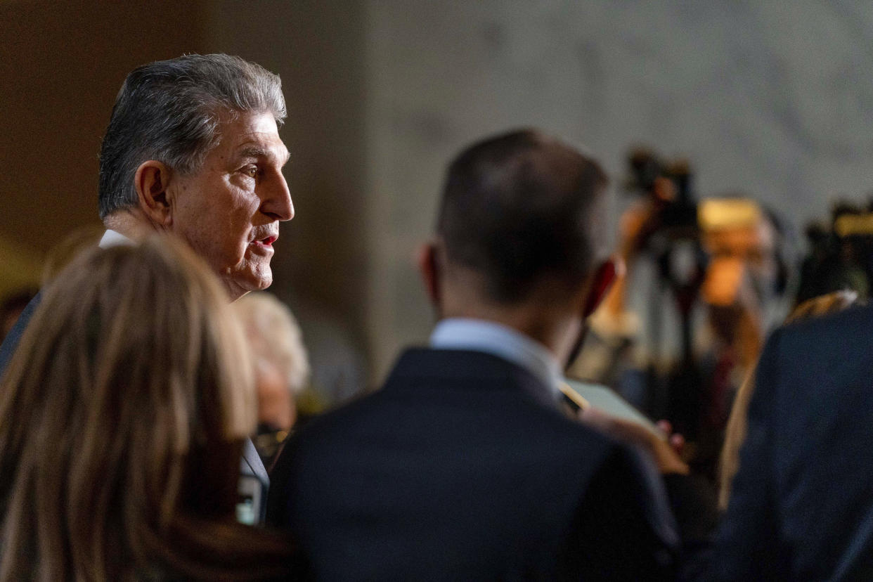 Sen. Joe Manchin, D-W.Va., speaks at a news conference outside of his office on Capitol Hill in Washington, Wednesday, Oct. 6, 2021. (AP Photo/Andrew Harnik)